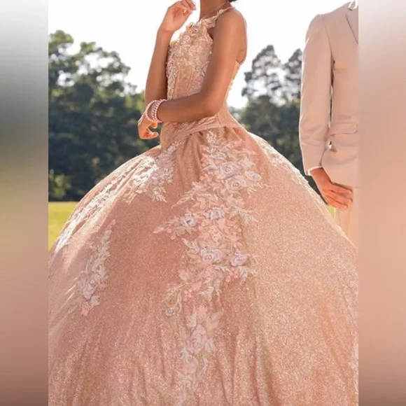 slim fit dress slacks Shimmering rose gold quinceanera dress with strapless sweetheart neckl –  Elegant Bride and Quinceanera main image 1